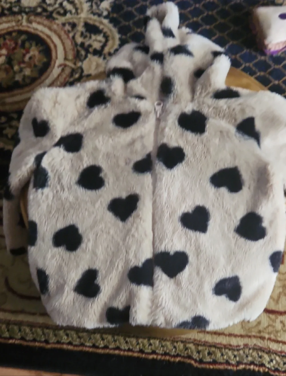 Kids Cream Faux-Fur Heart Zip Hoodie Jacket